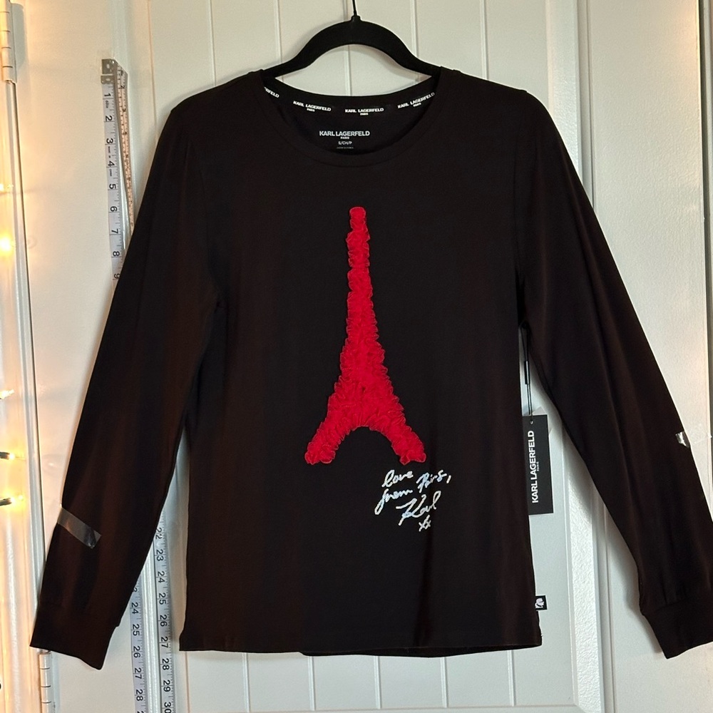 NWT-SM- Karl Lagerfeld Black Long Sleeve Tee with Red Eiffel Tower